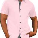 JMIERR Men's Casual Button Down Shirts Wrinkle-Free Short Sleeve Business Dress Shirt (Pink, XL)