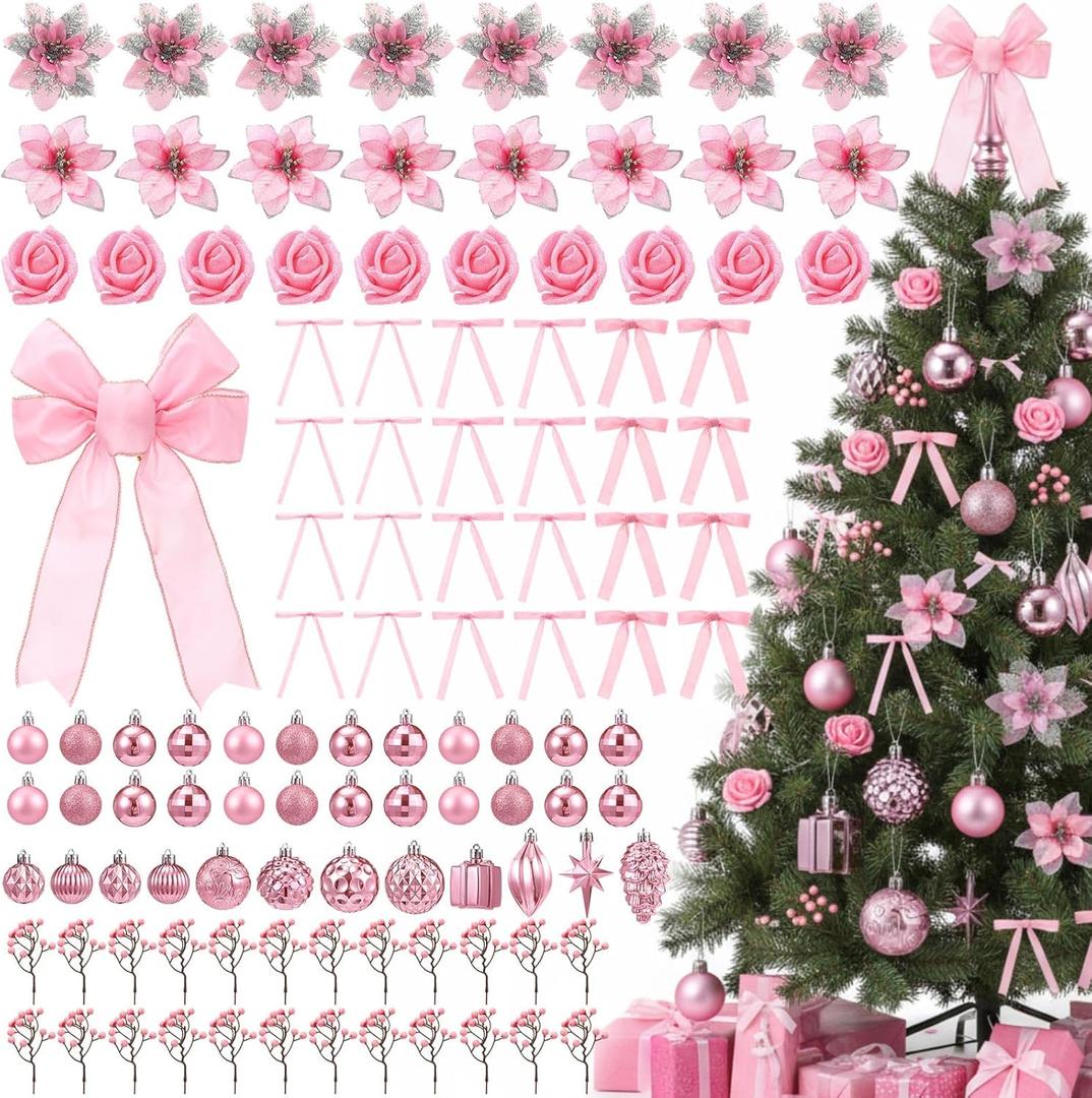 111Pcs Pink Christmas Tree Ornaments Set Include Xmas Tree Bow Topper Artificial Glitter Rose Velvet Bow Christmas Ball Ornaments Poinsettia Flowers Decoration Berries for Xmas Holiday Decor