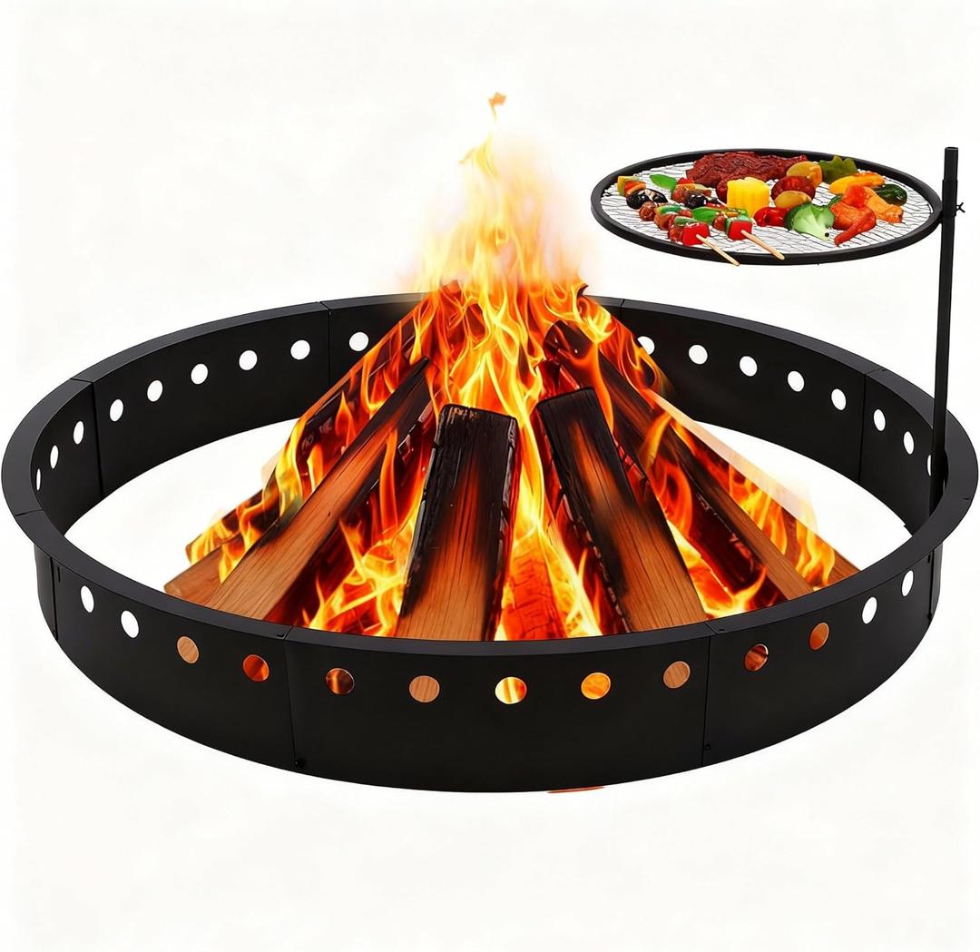 60 Inch Smokeless Fire Pit Ring with Grill Fire Ring for Outside Heavy Duty Metal Firepit Insert Round Steel Large Above/In-Ground Camping Firepit for Outdoor Camping Patio Picnic BBQ Garden