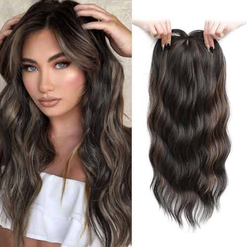 UDU Hair Topper 20inch Ombre Highlight Synthetic Wig Clip In Toppers with Fringe Bang for Women with Thinning Hair Adding Volume