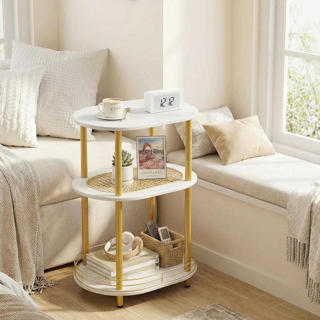 Small Rattan Side/Accent Table with Storage, 3 Tier Round/Oval End Table with Rattan Shelf & Metal Basket, Boho Nightstand, Tool Free Assembly/Screw-Hole Free Tabletop-Living Room Bedroom-Black (1PC)