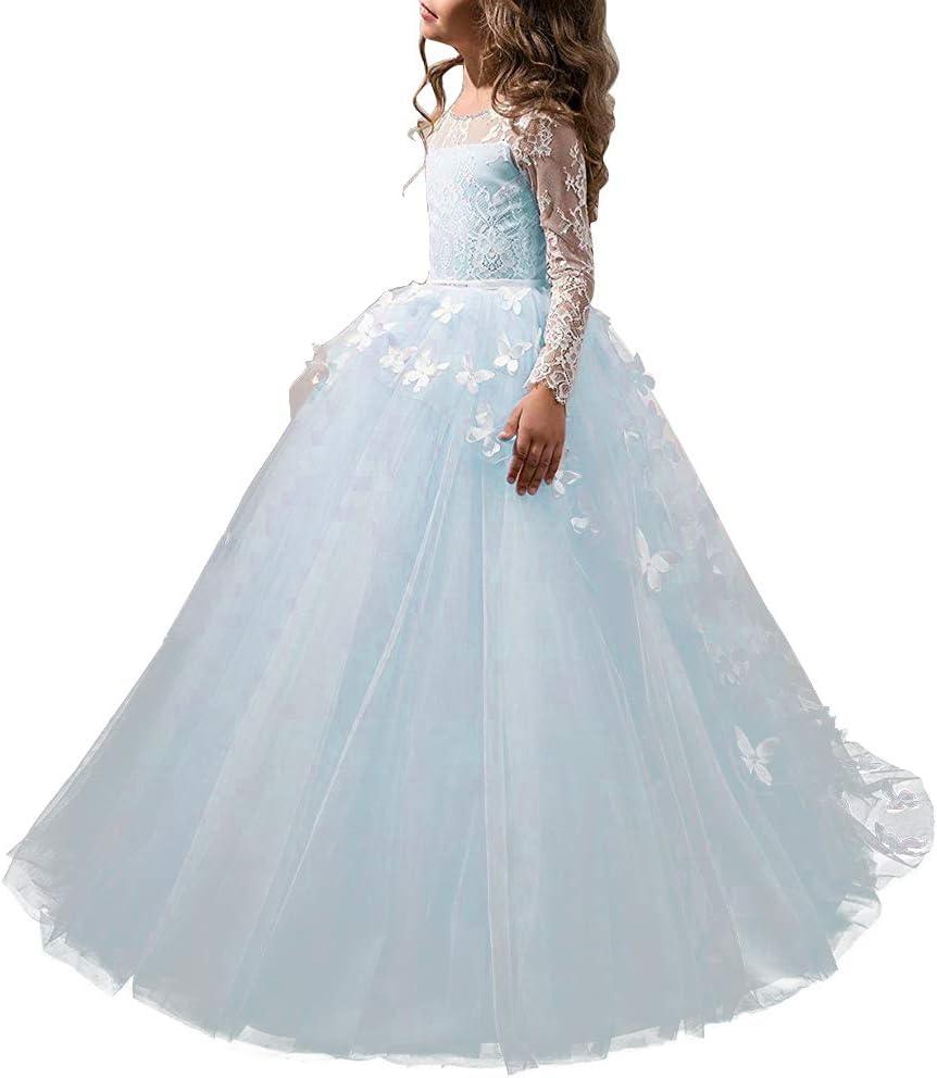 ABaoWedding Lovely Flower Girl Dress Lace Long Sleeves Prom Gown (6, Light Blue)