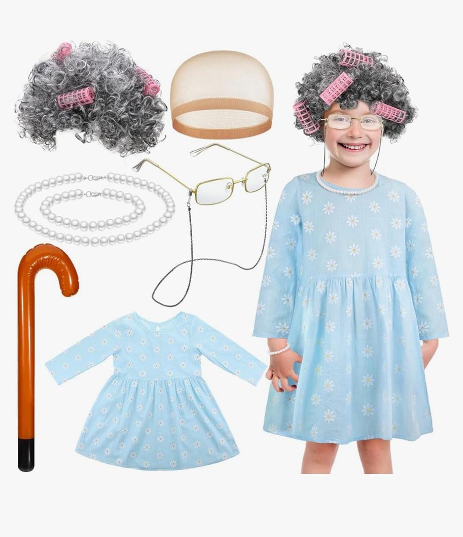 Yaomiao 8 Pcs 100 Days of School Costume for Kids Girls Old Lady Costume Grandma Granny Old People Outfit for Kids Girls 4-5 Y