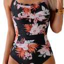 Eomenie Women One Piece Tummy Control Swimsuit Halter Scallop Trim Bathing Suits 1 Piece Vintage Ruched Slimming Swimwear (Black, XXL)
