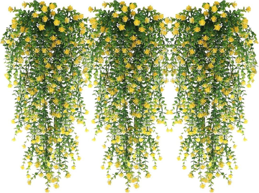 WEISPARK Artificial Hanging Flowers, 9pcs Fake Eucalyptus Vine Faux Flower Greenery Garland Plastic Plants for Indoor Outdoor Wall Garden Wedding Home Party Decor (9pcs Yellow)