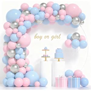 2 x 139 Pieces Gender Reveal Balloon Garland Arch Kit with Pink and Blue Balloons, Silver Balloons for Boy or Girl, Gender Reveal Decorations, Birthday Party