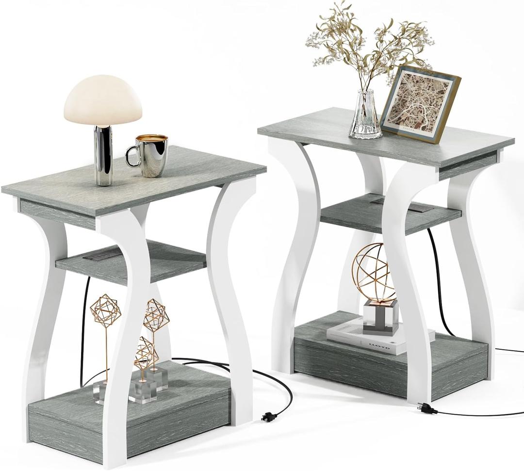 FROMJBEST End Tables Living Room Set of 2,Grey End Table with Charging Station,Grey Side Table, Nightstand for Bedroom, 3 Tier End Table with Storage Shelf for Living Room