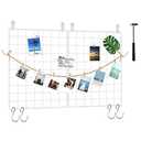 C&AHOME Photo Wall Display Set of 2, Grid Panel with Hooks, Clips, Hemp Cord, Hammer - 15.7" x 11.8", White 