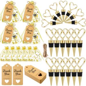 Buryeah 24 Set Wedding Heart Shaped Wine Stopper Party Favors Bulk Beverage Bottle Stopper Wine Cork Love Design Souvenirs for Guest with Sheer Bag Labels Rope Gift for Engagement Bridal Shower, Gold
