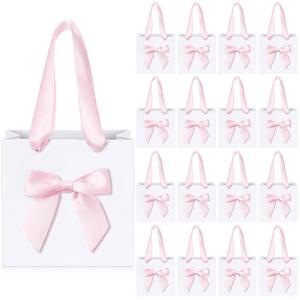 Kolldenn 50 Pcs No DIY Small Gift Bags with Pink Bow Ribbon 5.9''x 5.1''x 3.5'' White Paper Thank You Bags Bulk with Handle for Baby Shower Wedding Party Favor Birthday Return Guests