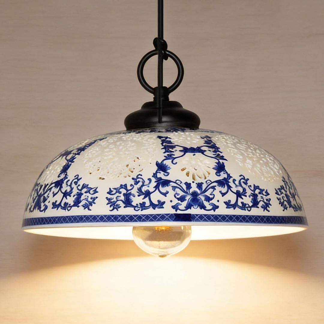 Ceramic Pendant Light, Bedside Light,Chinese Blue and White Porcelain Pendant Light fixtures,Hanging lamp for Kitchen Island Light Fixture, Home Bedroom Dining Room Ceiling Hanging Light(12inch), 12.2 inches