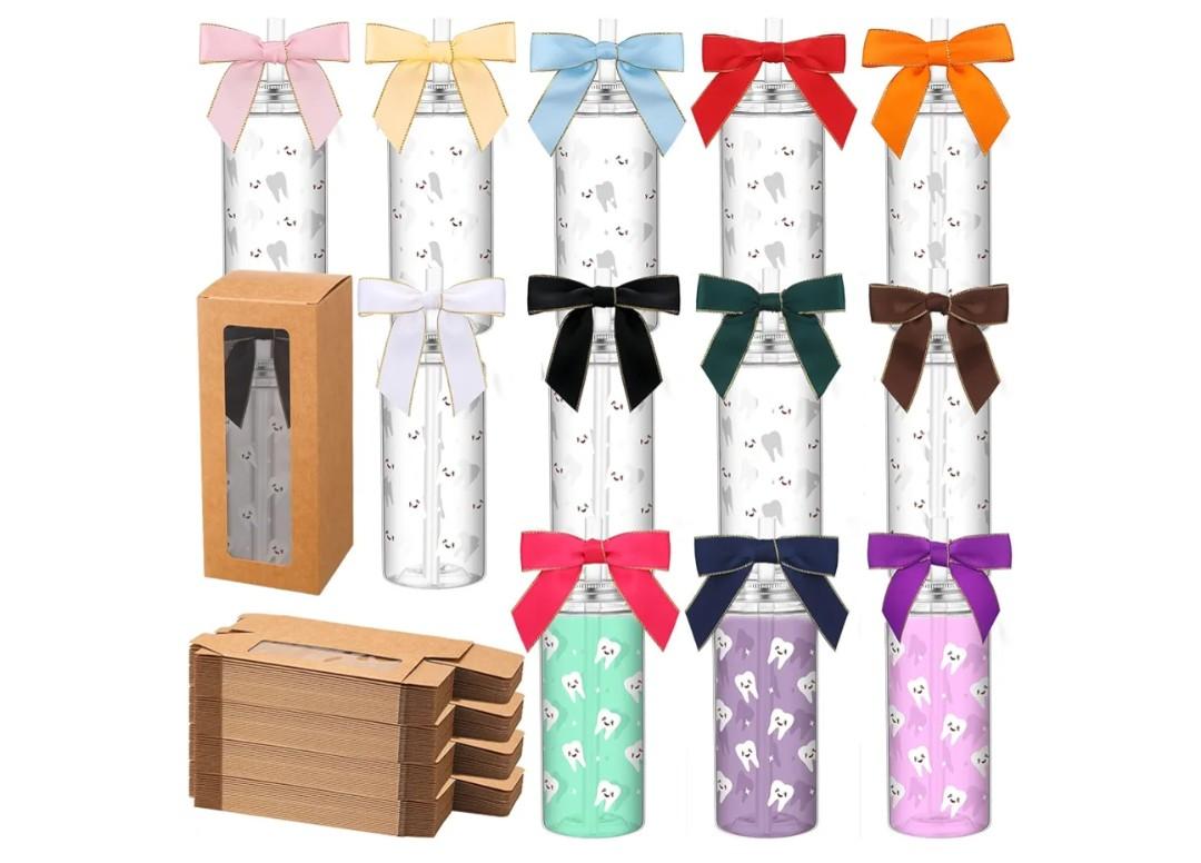 12 Set Dental Hygienist Gifts Bulk Dentist Gift 14 oz Plastic Cups with Lids Straw and Twist Bow Teeth Reusable Cup Dental Appreciation Gifts for Dentals Assistant Birthday Valentine