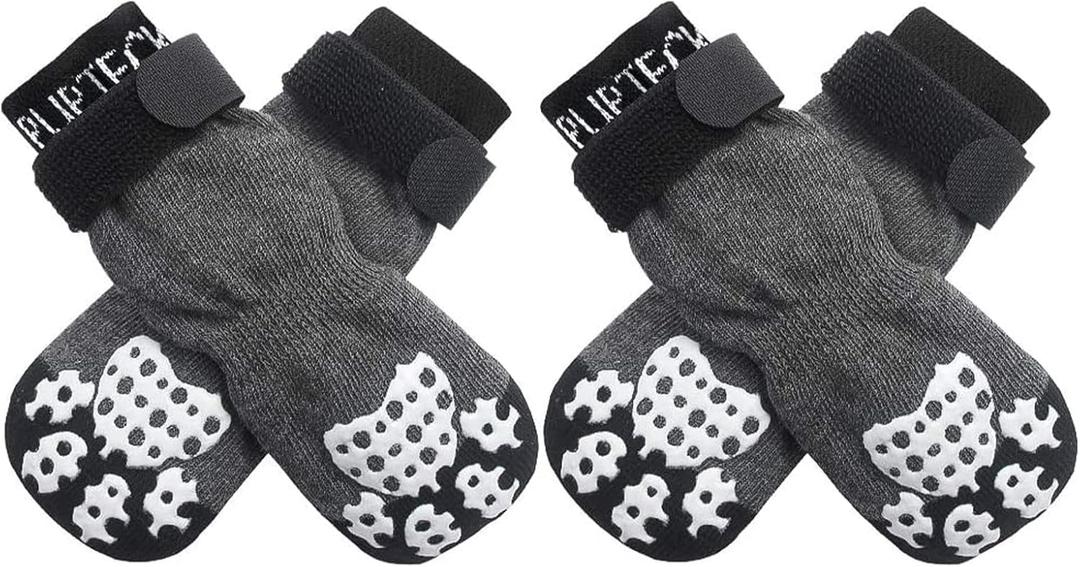 PUPTECK Anti-Slip Dog Socks with Double Sides Grips for Small Medium Large Dogs Hardwood Floors Prevents Licking, Dog Shoes for Hot Pavement Traction Control Paw Protector for Senior Dogs, Grey XS