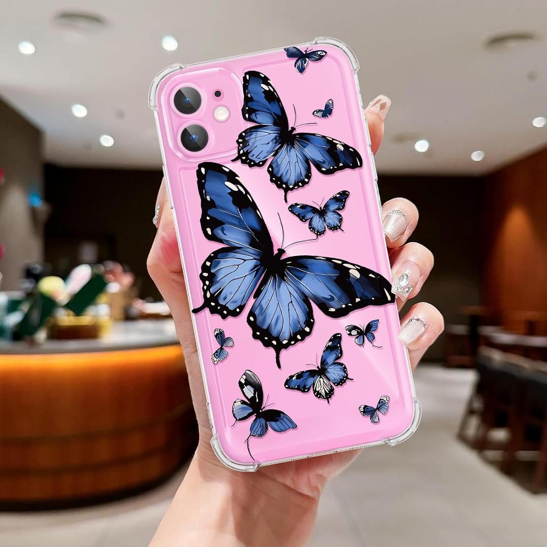 2 x Clear Case Compatible with iPhone 12, Cute Butterfly Print Protective Cover for Girls Women, Slim Soft TPU Four Corners Shockproof Case for iPhone 12 - Blue Butterfly