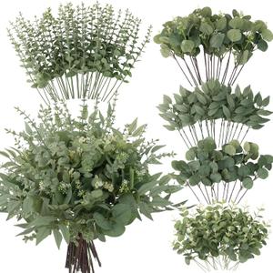 lovemoon 130 Pcs Artificial Mixed Eucalyptus Stems Bulk, 5 Kinds of Faux Greenery Eucalyptus Leaves Bulk for Vase Wedding DIY Bouquets Floral Arrangement Home Decor (130, Green)