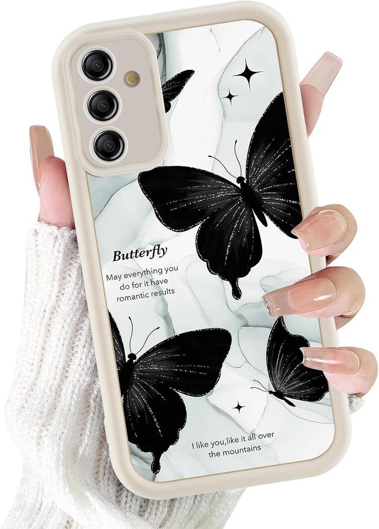 for Samsung Galaxy A15 5G Cute Phone Case 6.5", Aesthetic Creative Black Butterfly Marble Pattern Print Design Women Girly Case Camera Protective Cover Shockproof Silicone Soft Slim TPU Funda