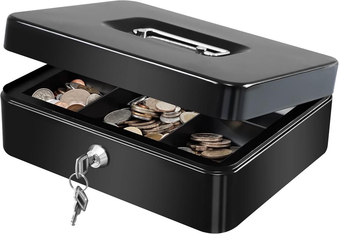 KYODOLED Large Cash Box with Removable Money Tray, Key Lock Metal Storage Box with 2 Keys & Portable Handle, Safe Cash Drawer, 9.84"x 7.87"x 3.54", Black Large