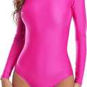 speerise Women Turtleneck Long Sleeve Bodysuit, Adult Stretchy Leotards Tops with Zipper Closure Soft Jumpsuit for Gymnastics (Small, Hot Pink)