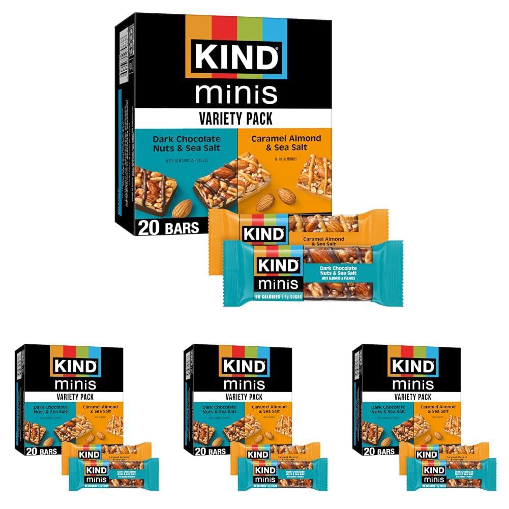 KIND Mini Snack Bars Variety Pack, Gluten Free, Low Sugar, Low Calorie Snacks, Dark Chocolate Nuts & Sea Salt, Caramel Almond & Sea Salt, 20 Count (Pack of 4)