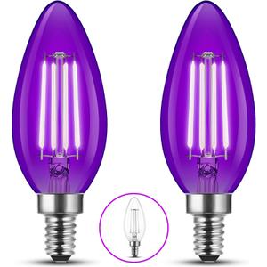 E12 Candelabra LED Purple Light Bulbs for Christmas, C35 LED 4W Equivalent 40W, UVA E12 Base Colored Lights for Halloween, Party Decoration, Indoor&Outdoor, Home Lighting, Non-Dimmable, 2 Pack