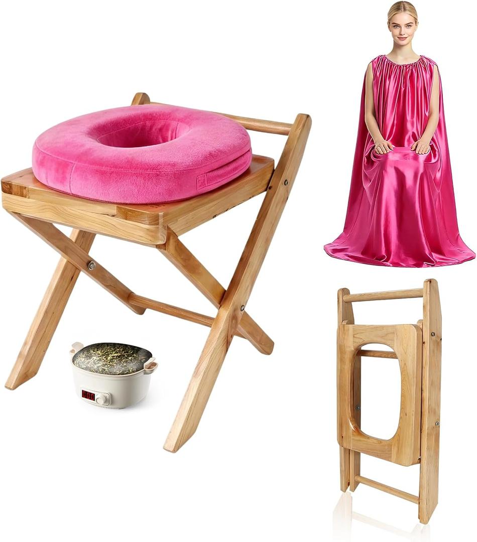 Beauty Star Foldable Wooden Yoni Steamer Chair for Women, V-Shaped Yoni Steam Seat with Cushion & Soft Gown Kit, Portable Herbal Steam Stool for Feminine Cleansing Care at Home, No Assembly Needed