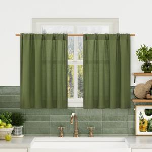 LAMIT Linen Curtains 30 Inch Length 2 Panels for Kitchen Cafe, Light Filtering Linen Textured Panels Rod Pocket Boho Short Window Drapes for RV Basement/Small Windows, 42 x 30 Inch, Olive Green
