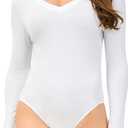 DAVID ARCHY Women's V Neck Long Sleeve Modal Soft Bodysuit Going Out Tops for Women (XL, White) 