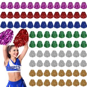 100 Pcs Cheerleading Pom Poms Metallic Foil Cheer Pompoms with Plastic Handle Cheerleader Pompoms Spirit Fun for Cheer Squad Dancing Party Performance Game Ball Sports Team
