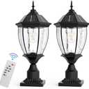Jandov Solar Lamp Post Lights Outdoor with Remote, 20.8" Large Black Aluminum LED Solar Column Light with Pier Mount Base, Dusk to Dawn Waterproof Pole Lights for Pillar, Gate, Fence, Driveway(2 Pack)