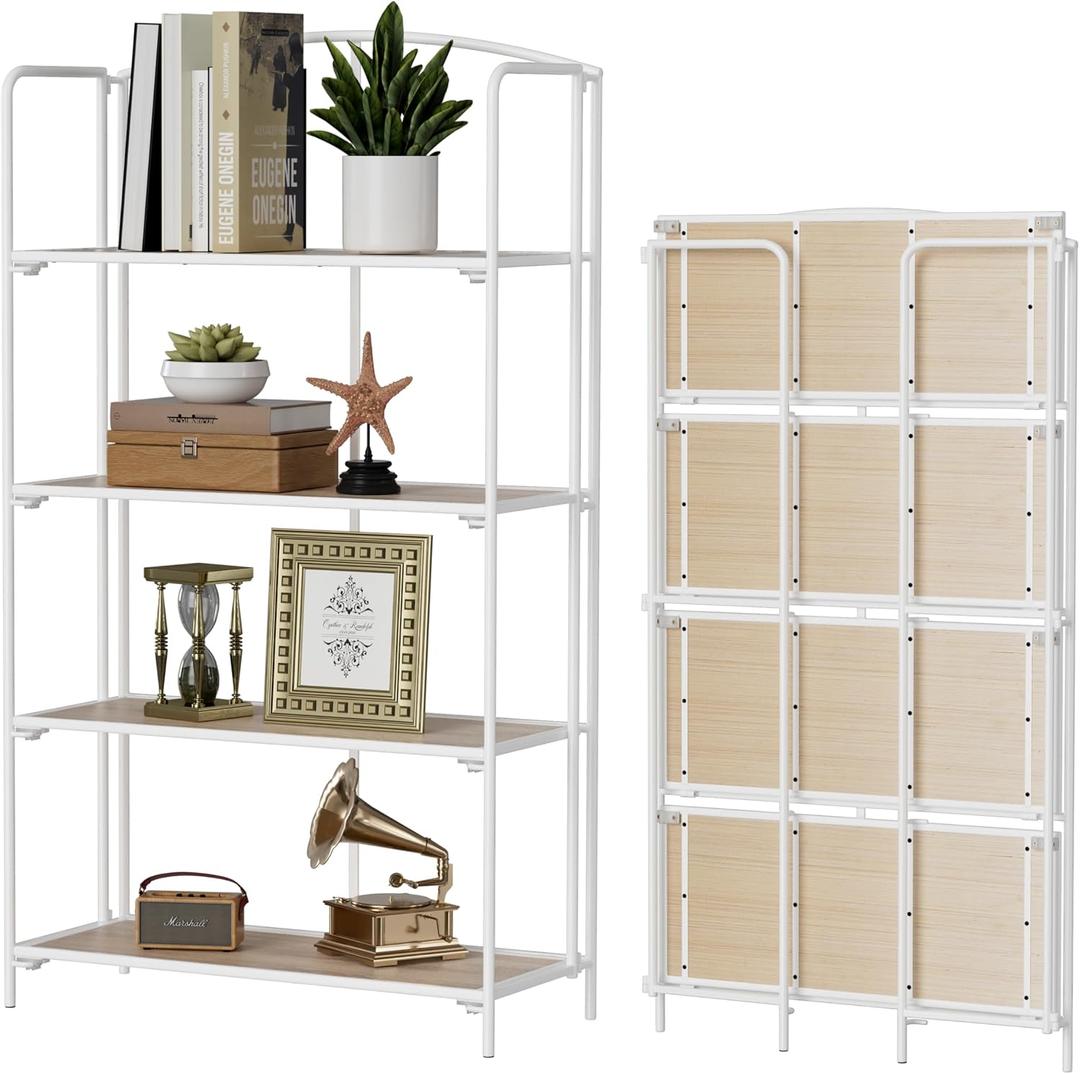 Crofy No Assembly Folding Bookshelf for Living Room, 4 Tier White Collapsible Book Shelf for Home Office, Portable Bookcase Storage Organizer, 4 Tier Wider
