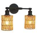 Yosoan 2-Lights Rattan Boho Wrapped Vintage Wall Sconce Light, Indoor Hardwired Hand-Woven Wall Lamp, Handmade Braided Rope Shade Wall Mount Fixture for Bedroom Bathroom Reading(Black)