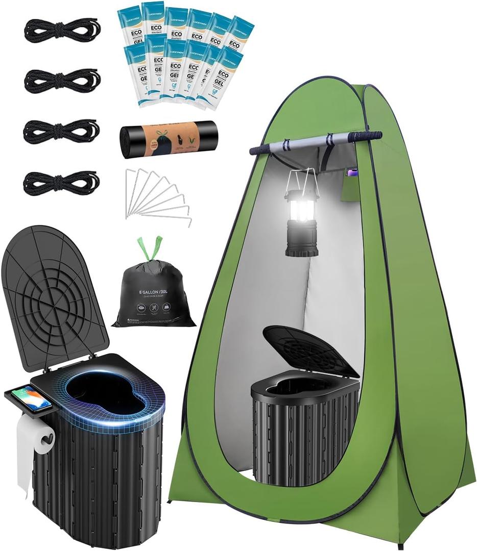 Portable Toilet with Privacy Tent Urine Gel & Leak-Proof Bags, Camping Lantern – Odorless Camping Toilet for Adults & Kids, Outdoor Travel Potty