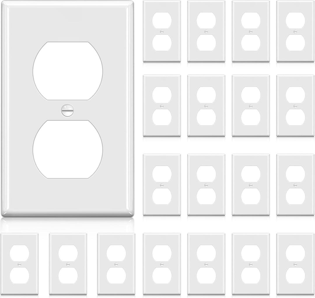 BESTTEN 20 Pack 1-Gang Duplex Wall Plate, Standard Size, Unbreakable Polycarbonate Receptacle Outlet Cover and Switch Cover, UL Listed, White