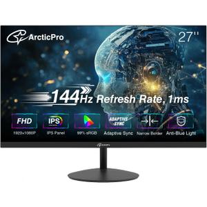 ArcticPro 27inch Computer Monitor, FHD 1080p, 144Hz Office and Gaming Monitor, IPS, Adaptive Sync, 110% sRGB, 1ms, 3-Sided Frameless, Ultra Slim, VESA Mountable, Anti-Blue Light Design, HDMI, DP