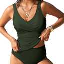 Pink Queen Tankini Bathing Suits for Women Wrap Tummy Control Swimsuits Two Piece Ruched Swim Tops with Bikini Bottoms Army Green, M