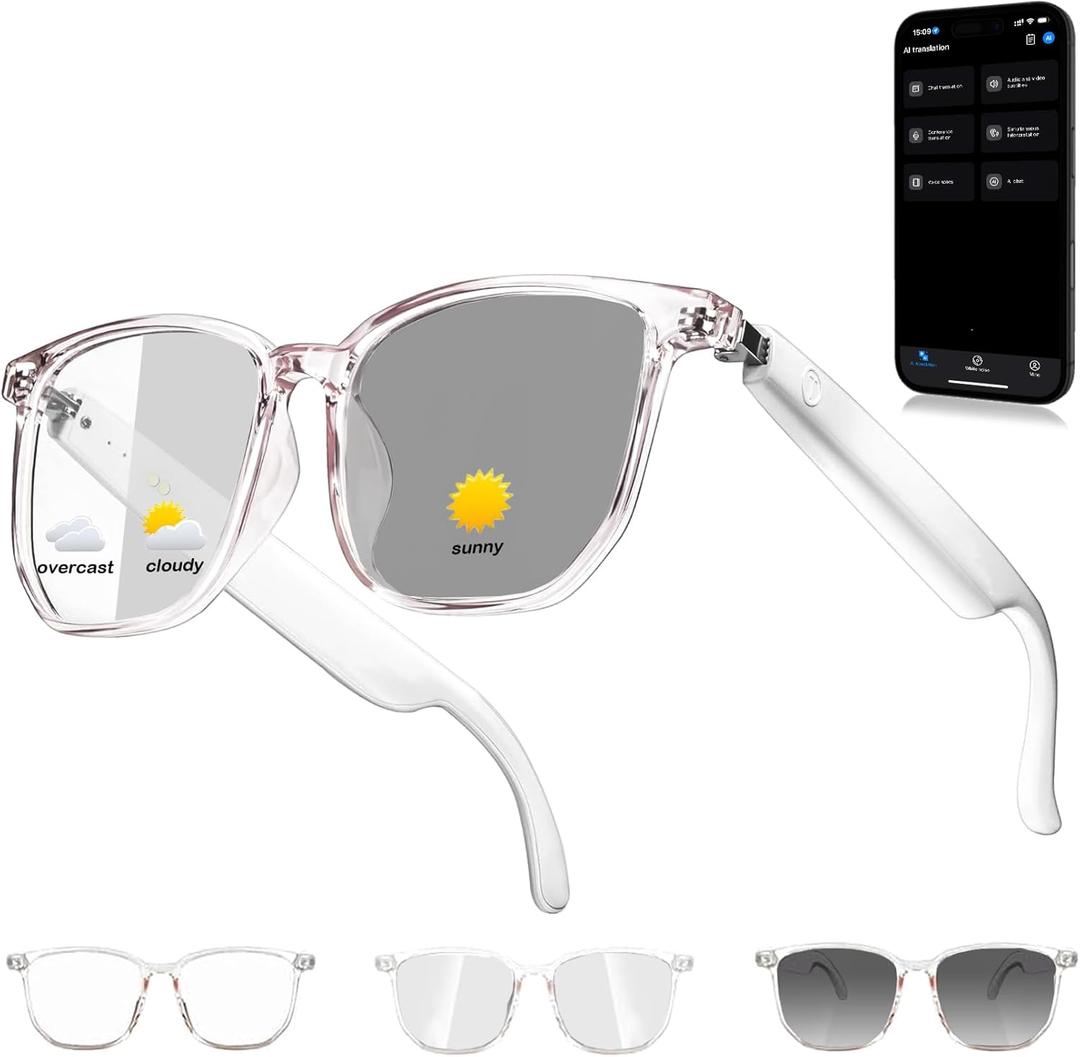 Smart Glasses for Men and Women, Bluetooth Translation Sunglasses Open Ear Audio Listenable Songs (White)