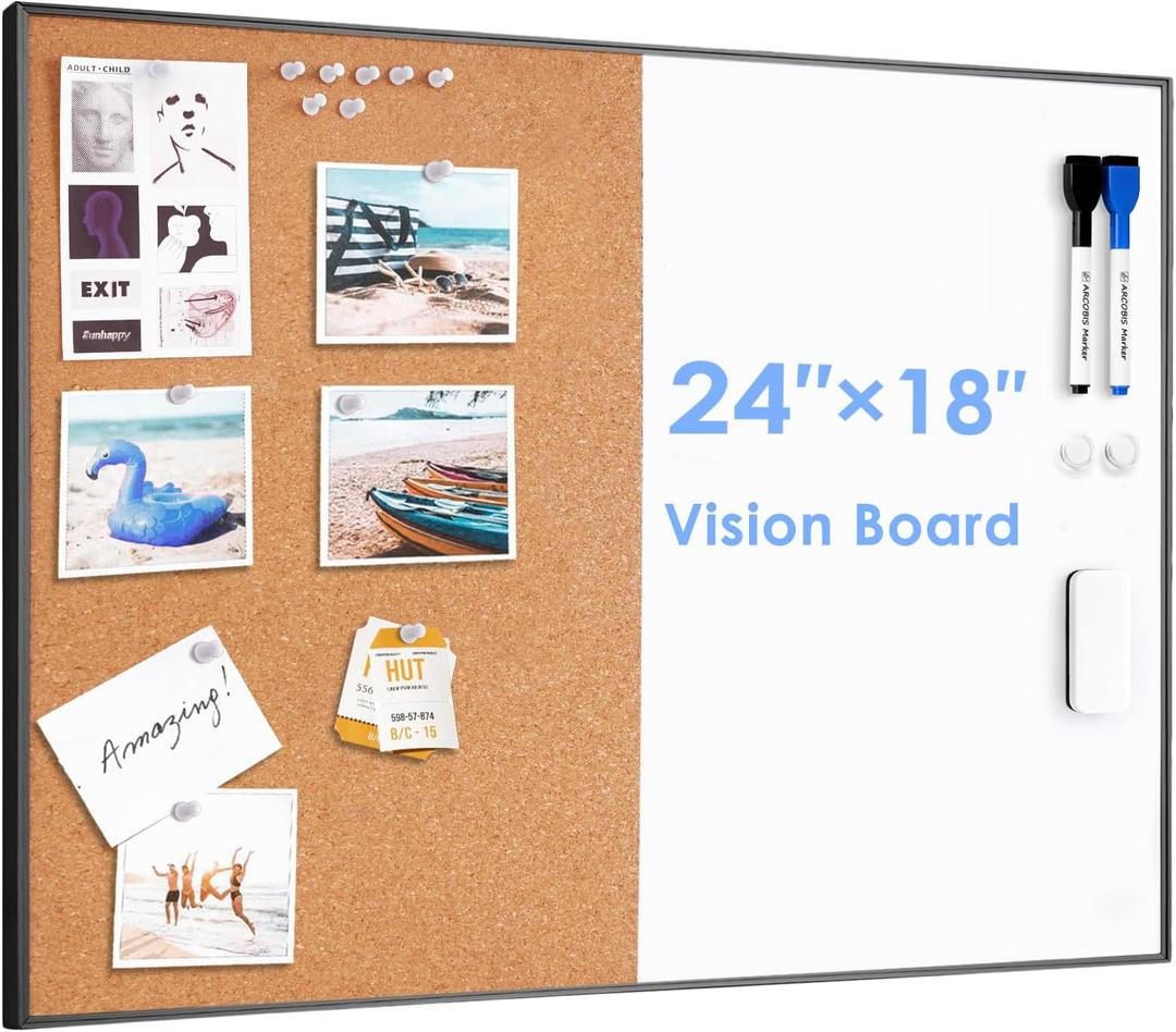 ARCOBIS Cork Board White Board Combo, 24 x 18 Inch Bulletin Board, Magnetic Dry Erase Board & Corkboard for Wall, Vision Board for Home, Office, School, Black Frame