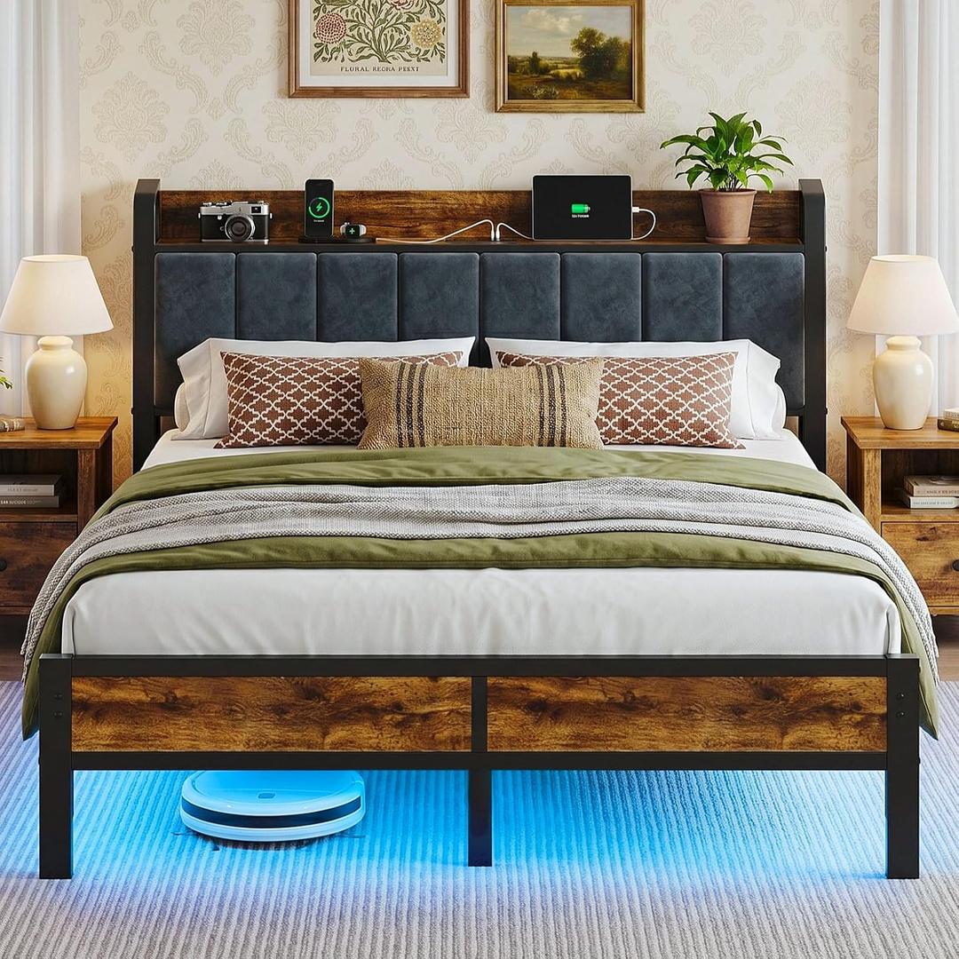 Liians Queen Size Bed Frame with Storage Headboard, LED Lights