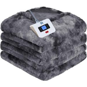 Sealy Electric Blanket Full Size, Heated Warming Blanket Faux Fur & Flannel with 10 Heating Levels & 112 Hours Auto Shut Off, Fast Heating, Machine Washable, Grey, 80 x 84 Inch