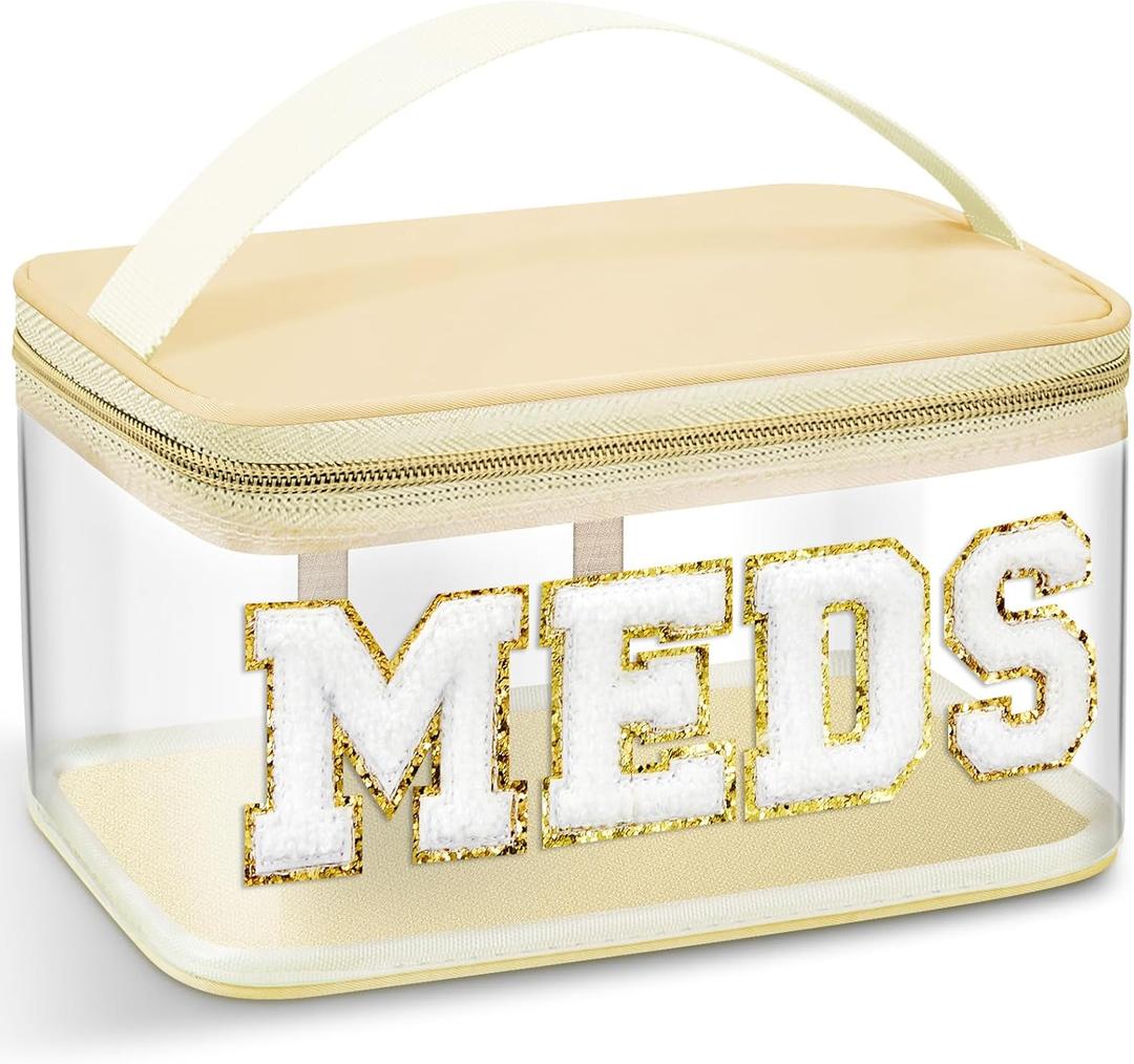 Geetery Chenille Letter Bag Nylon Makeup Portable Cases Preppy Patch Makeup Bag with Zipper Cosmetic Toiletry Storage case for Women, (Beige, Rustic Meds)