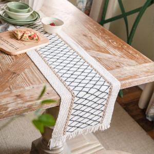 Table Runner, Boho Table Runner Cotton Linen Table Decorations, Farmhouse Table Runners with Tassels for Bohemian Wedding Bridal Shower Rustic Home Dining Table (Black/Grid/12x60)