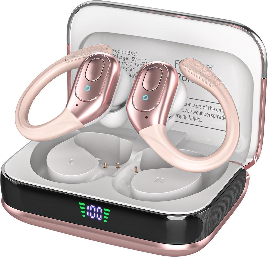 Wireless Earbuds Bluetooth 5.4 Headphones, IPX7 Waterproof Earphones, Over-Ear Earphones, Noise Canceling Ear Buds with 75hr Playtime, LED Power Display for Sports/Workouts - Rose Gold