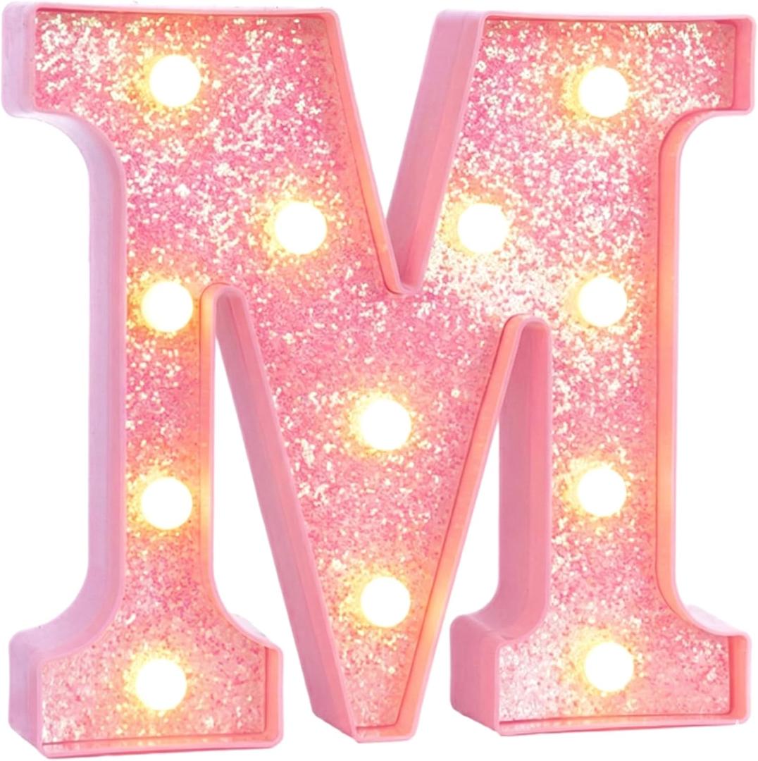 Pink Marquee Light Up Letters, Glitter Alphabet LED Letter Lights for Pink Birthday Party Decorations, Battery Operated Letter Sign for Girls Room Vanity Table Decor, Warm White Lights Letter M
