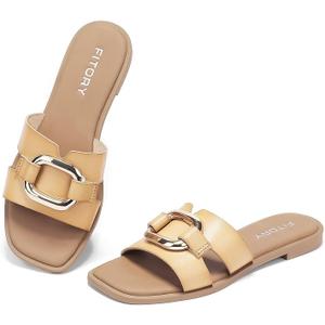 FITORY Women's Flat Sandals Fashion Square Open Toe Slides With Metal Chain Slippers for Summer Size 10