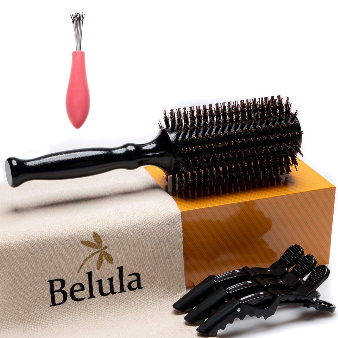 Boar Bristle Round Brush for Blow Out Set by Belula. Round Hair Brush For Blow Drying. Medium 2.4 Wooden Barrel. Hairbrush Ideal to Add Volume and Body. Free 3 x Hair Clips & Travel Bag
