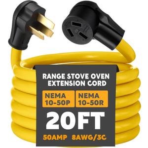 20ft 10-50 50Amp Extension Cord Compatible with NEMA 10-50 Male Plug to 10-50 Female Receptacle, 50 A 3 Prong Electric Range Oven Stove Extension Power Cord, STW 8 AWG/3C Gauge, 250V, 12500W