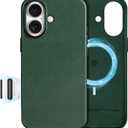 SHIELDON Genuine Leather Case for iPhone 16 6.1", [Camera Button Updated], Compatible with MagSafe, Magnetic Wireless Charging Non-Slip Shockproof Camera Bump Frame Protective Cover - Midnight Green