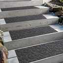 Aucuda Outdoor Stair Treads Non Slip for Elders and Dogs, 6pcs 8.5" x 30" Wooden Steps Runner Rug, Gray Floral Staircase Mat Carpet for Indoor Grip Farmhouse (Grey Leaves)