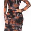 MOEENCN Sexy Long Sleeve Midi Dress for Women Sheer Mesh Printed 2 Piece Skirt Set Crew Neck Bodycon Party Clubwear Dresses (Medium, Orange(buy One Size Smaller))