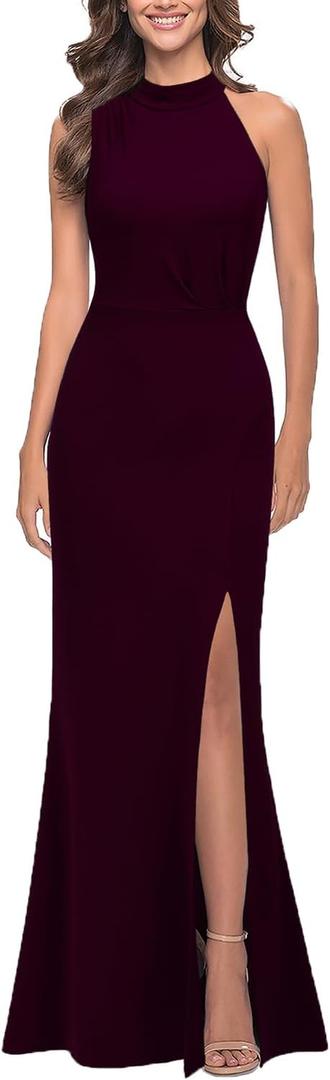 WOOSEA Women Sleeveless High Neck Sexy Split Evening Cocktail Party Maxi Long Formal Dress Burgundy